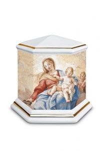 Urna cineraria in porcellana 'Esagono' | Madonna con Bambino - bordi dorati