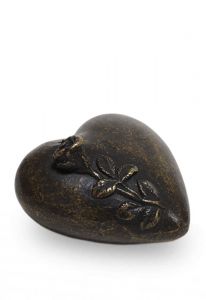 Mini urna cineraria in bronzo 'Cuore con ramo di rosa'