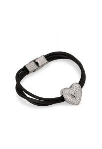 Bracciale cinerario in cuoio con cuore di pietre di zirconia