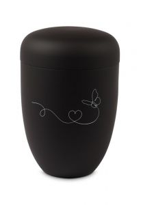 Urna cineraria in metallo nero – Linea di cuore con farfalla