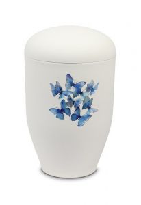 Urna cineraria in metallo con farfalle blu
