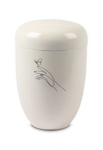Urna cineraria in metallo bianco – Linea della mano con farfalla