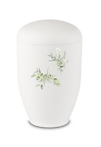 Urna cineraria in metallo bianco con fiori secchi