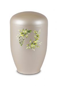 Urna cineraria in metallo écru con ramoscelli