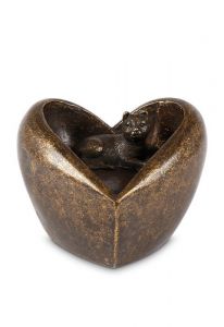 Mini urna cineraria cuore gato 'Sei sempre nel mio cuore' in bronzo