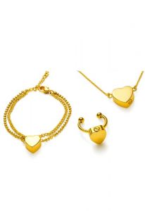 Set di gioielli cinerari in acciaio inox dorato con cuore - bracciale, anello e collana