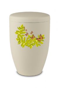 Urna cineraria in metallo beige con foglie di quercia e farfalle