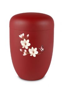Urna cineraria in metallo rosso con fiore e farfalla